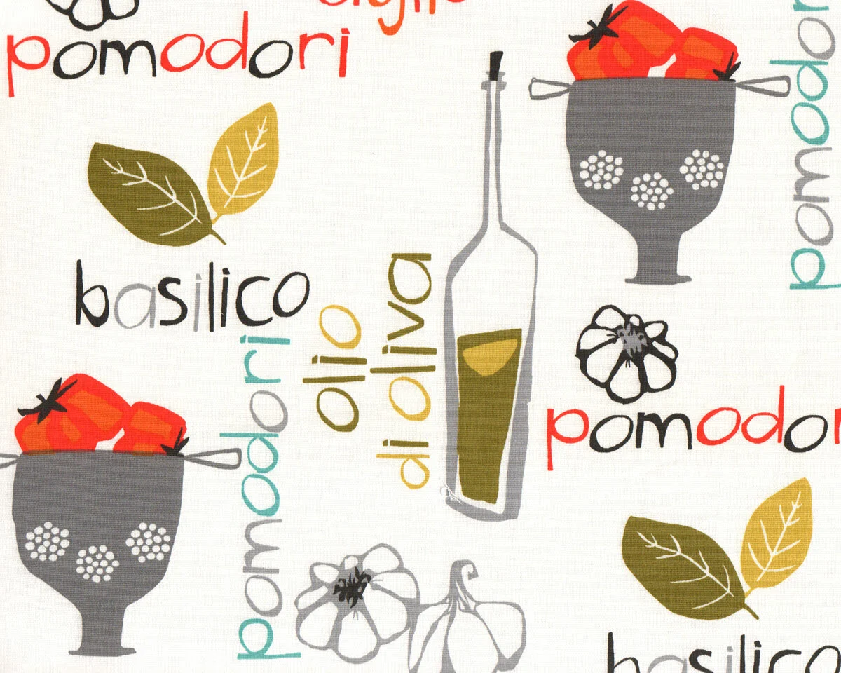 Dekostoff POMODORI, Tomaten mit Schrift, Clarke & Clarke