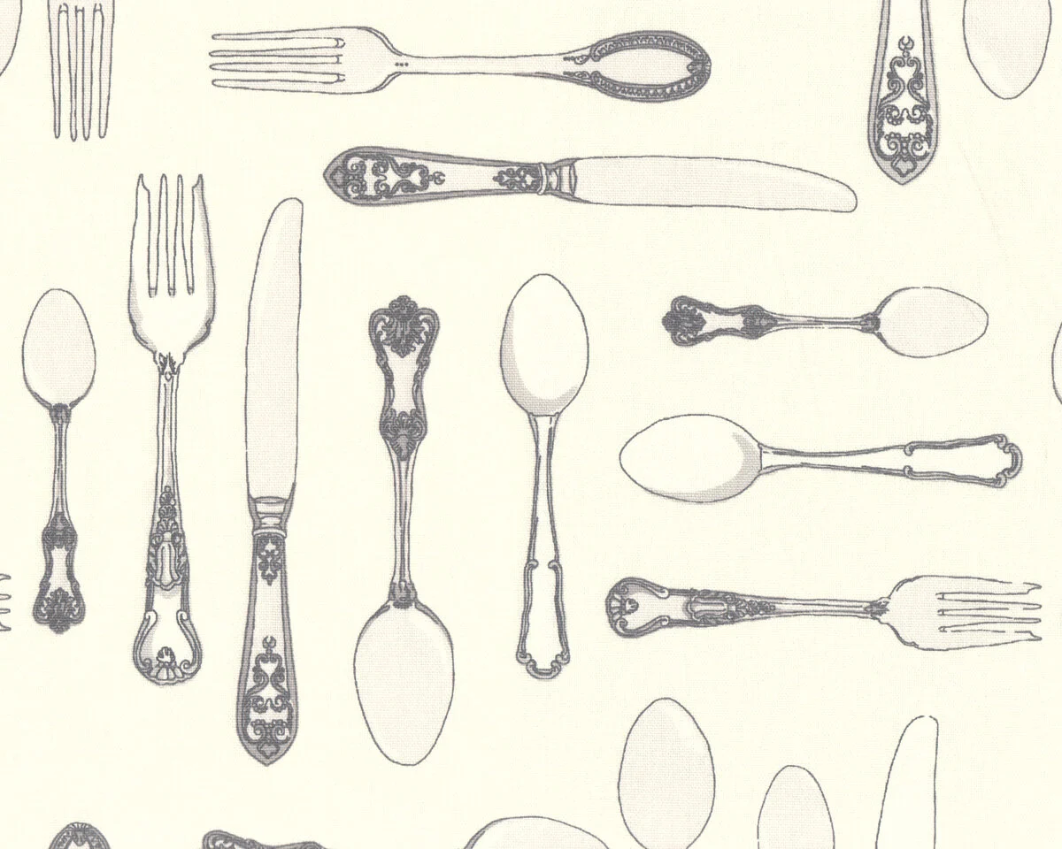 Englischer Dekostoff Clarke & Clarke CUTLERY, Besteck, creme-hellgrau