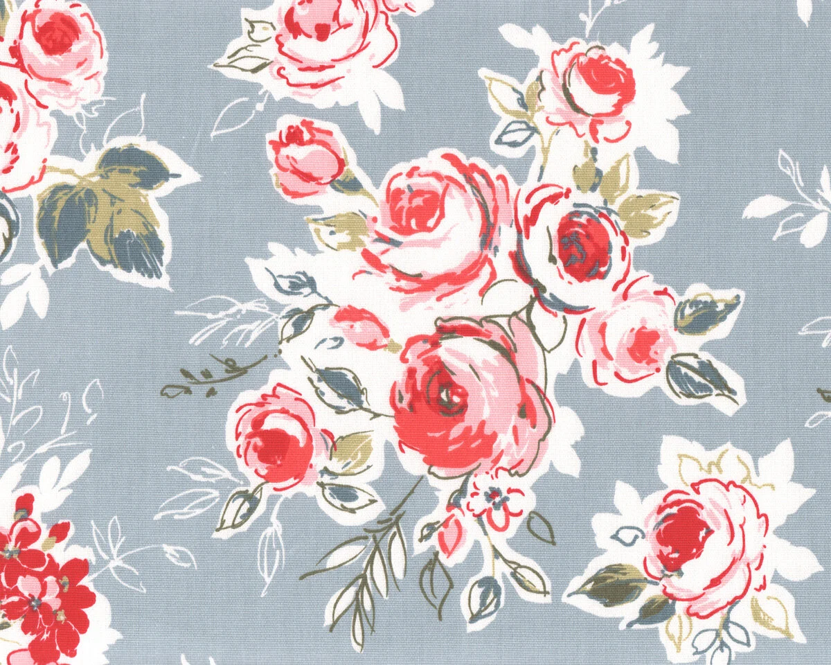 Englischer Dekostoff Clarke & Clarke ROSE GARDEN, Rosen, blaugrau-pastellrot