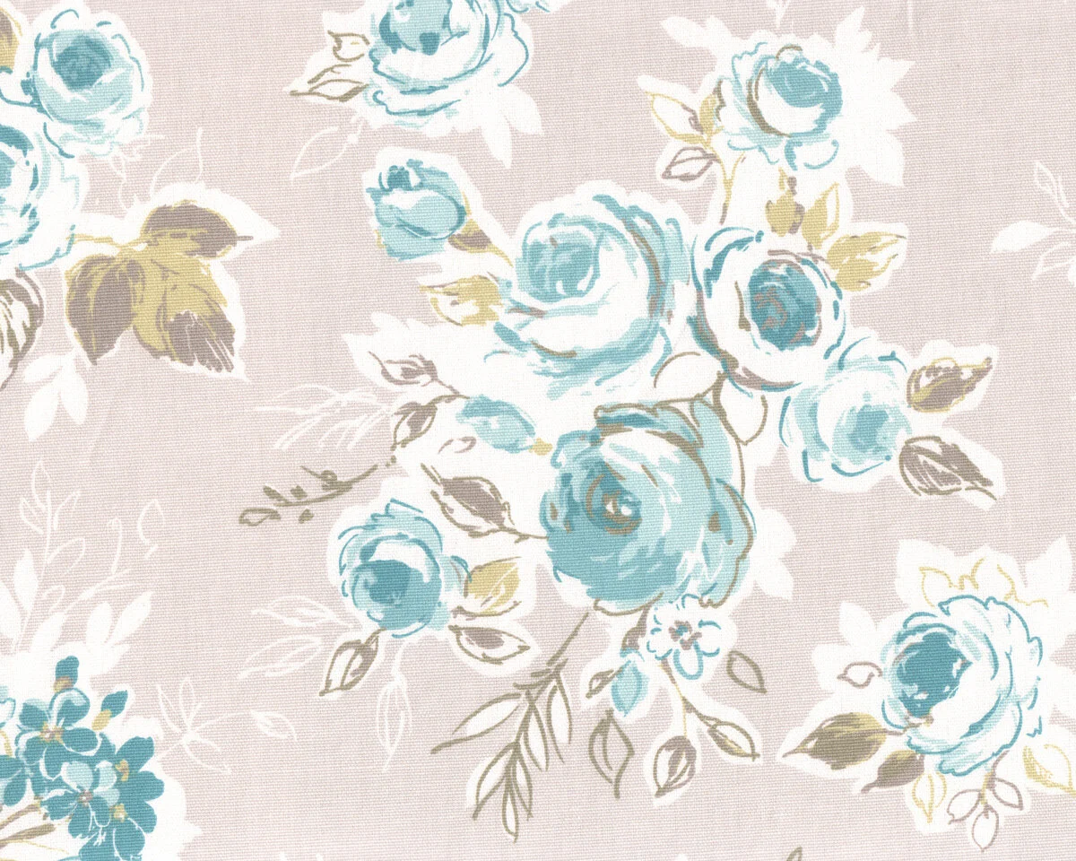 Englischer Dekostoff Clarke & Clarke ROSE GARDEN, Rosen, natur-hellblau