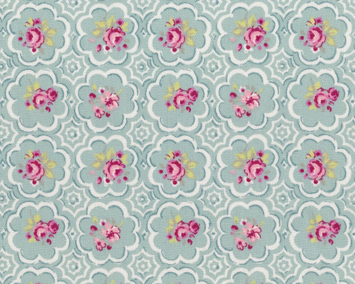 Englischer Dekostoff Clarke & Clarke ROSE TILE, Ornament-Rosen, helles türkisgrün