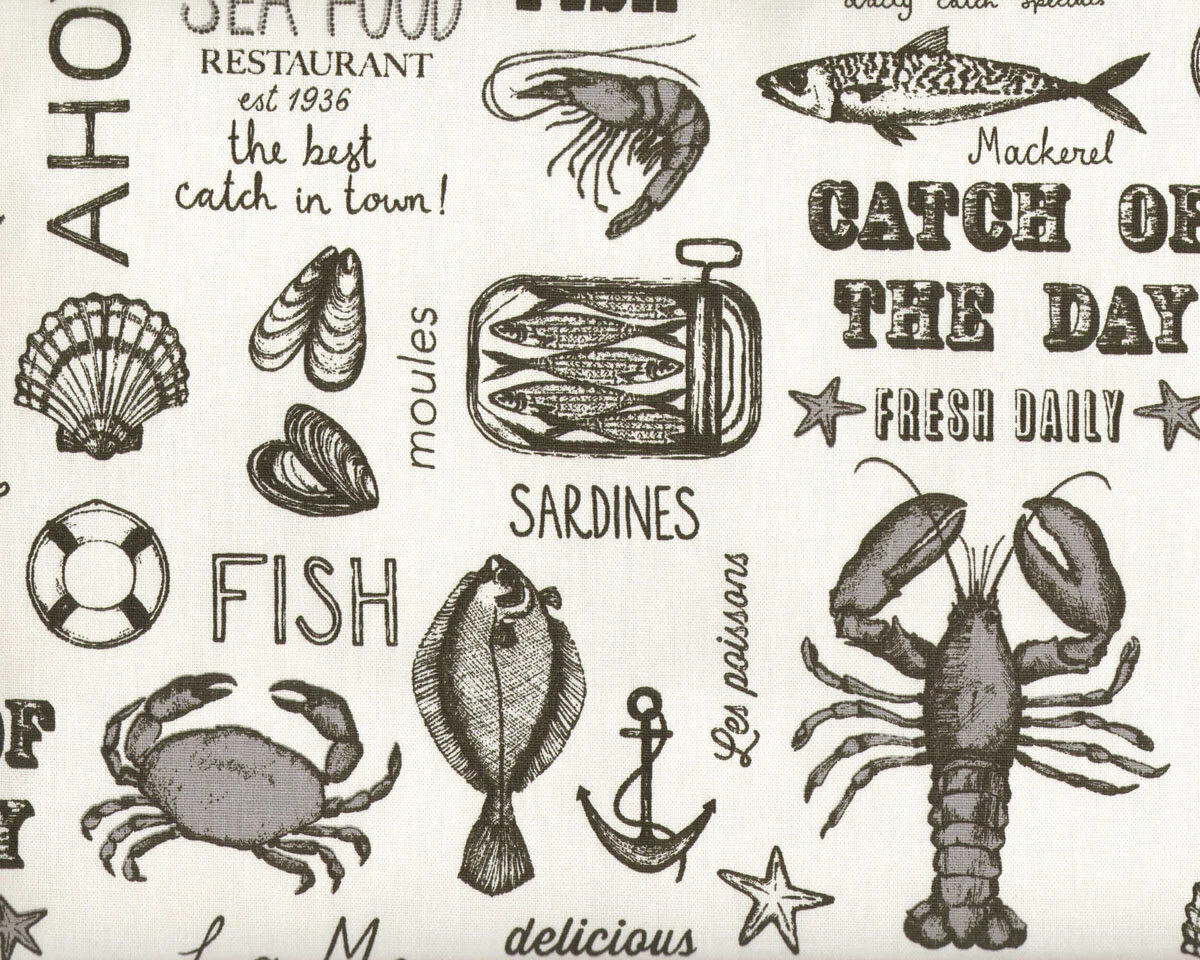 Englischer Dekostoff Clarke & Clarke SEAFOOD, Lobster & Co, gebrochenes weiß-anthrazit