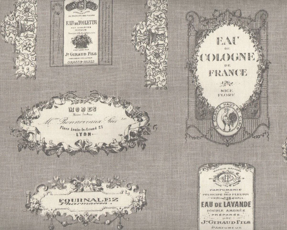 Englischer Dekostoff Clarke & Clarke VINTAGE LABEL, Etiketten, grau