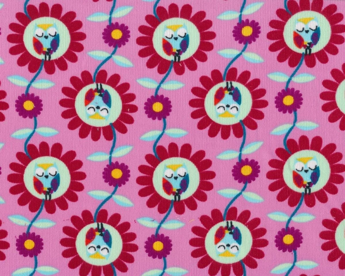 Feincord OWLS GARDEN, Eulenblumen, rosa-dunkelrot