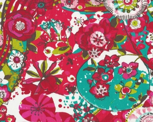 Feine Popeline "Roxana" mit getuschten Blüten-Kreisen, fuchsia-türkisgrün