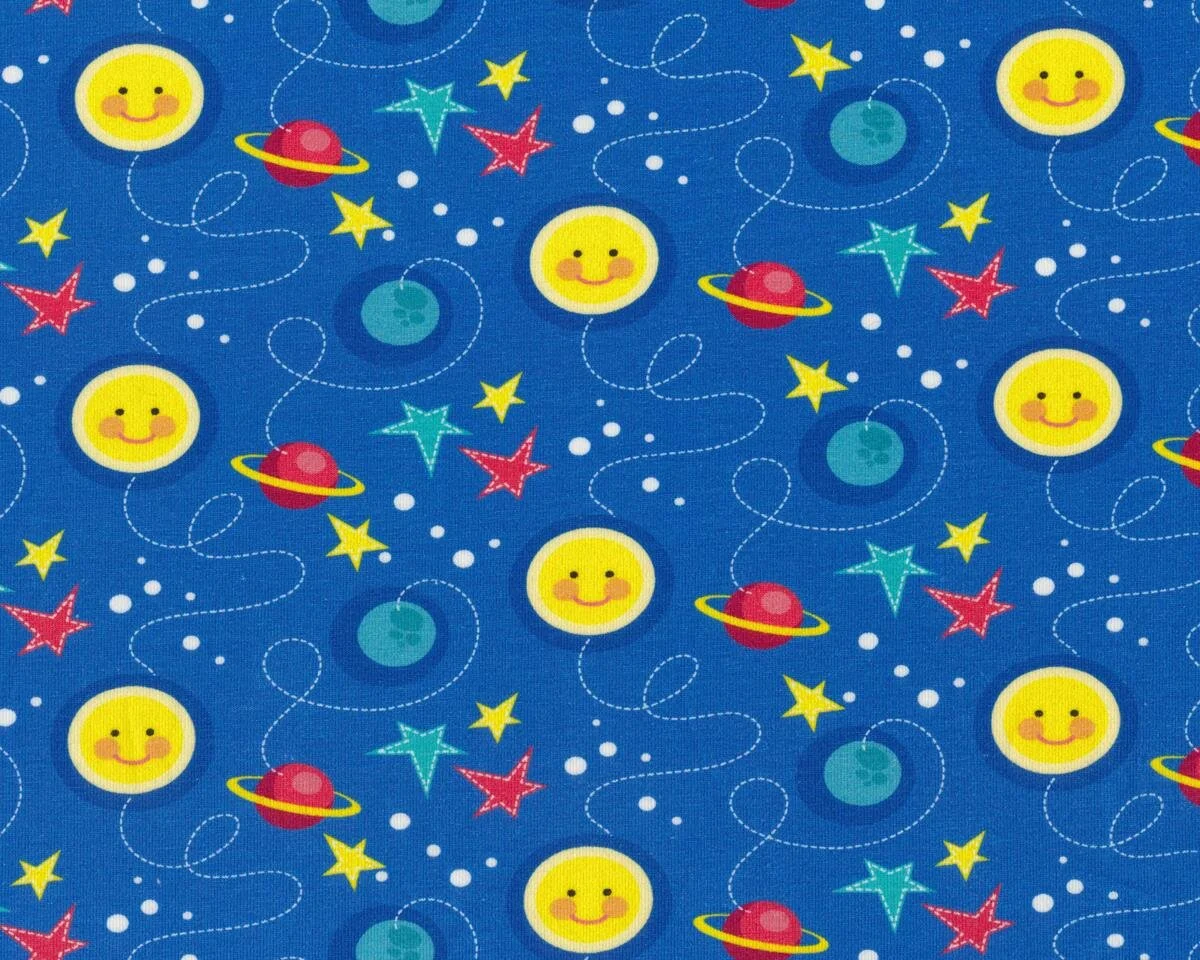 Feiner Baumwolljersey STARLIGHT, Planeten und Sterne, helles ultramarinblau-gelb