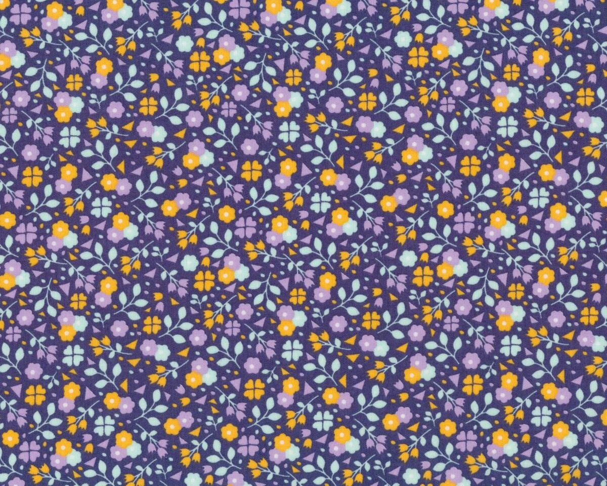 Feiner Baumwollstoff, COVERED MEADOW, Streublümchen, dunkles pflaume-helles orange