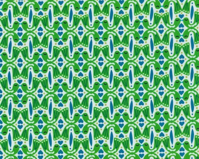 Feiner Baumwollstoff KISSING BIRDS, herzige Vögel, grasgrün