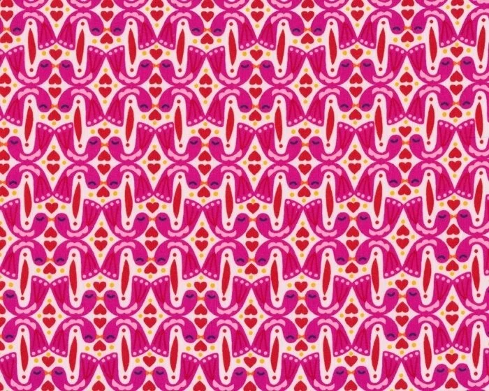 Feiner Baumwollstoff KISSING BIRDS, herzige Vögel, kräftiges pink