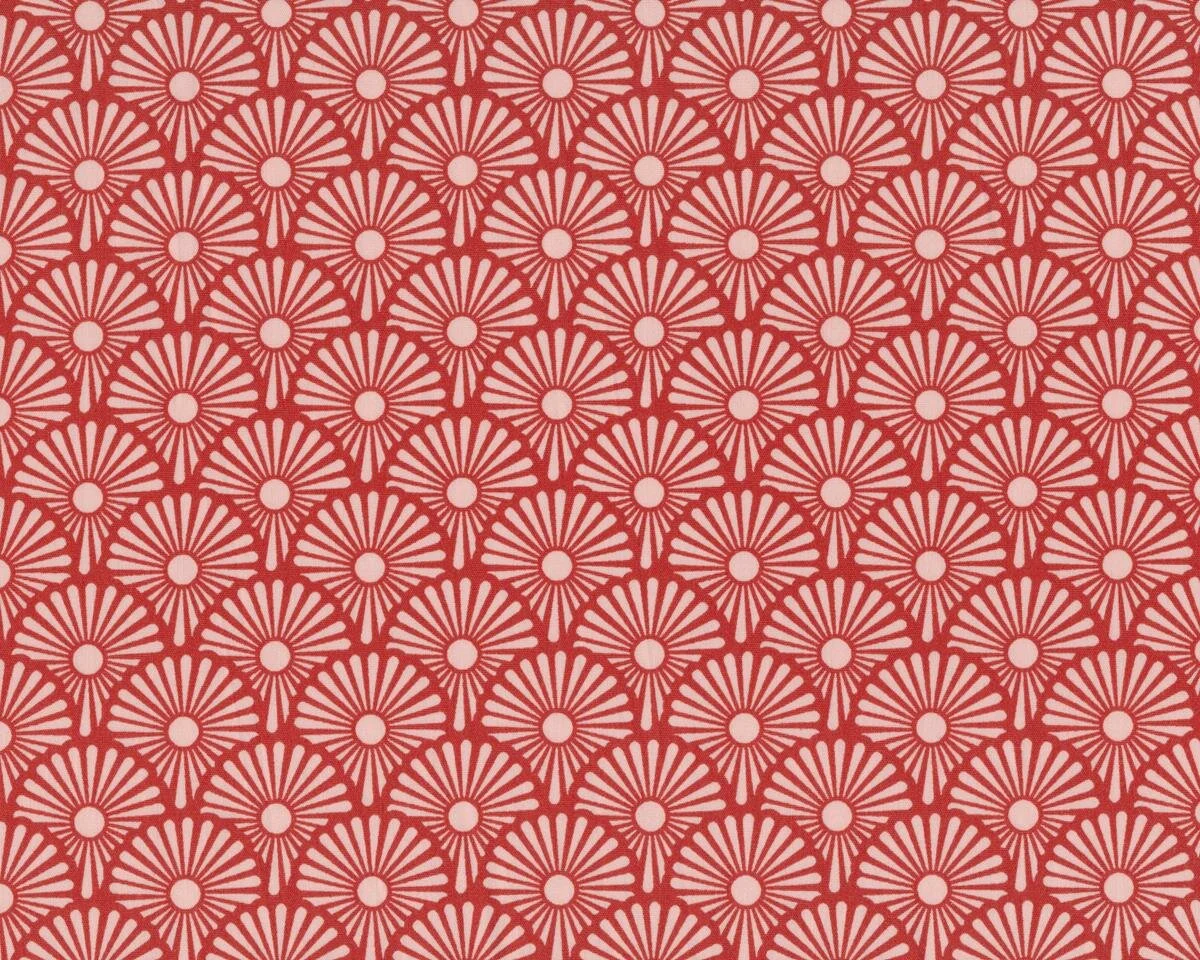 Feiner Baumwollstoff, Popeline BLOWBALLS, Fächer-Blumen, gedecktes rot-helles altrosa