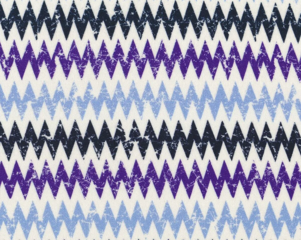 Feiner italienischer Designer-Viskose-Jersey ACERRA, Zackenstreifen, lila-hellblau