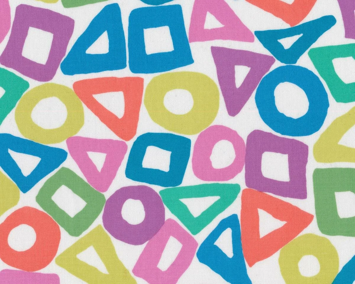 Feiner Patchworkstoff PUZZLE, Vierecke, Dreiecke und Ringe, rosa-aqua-weiß