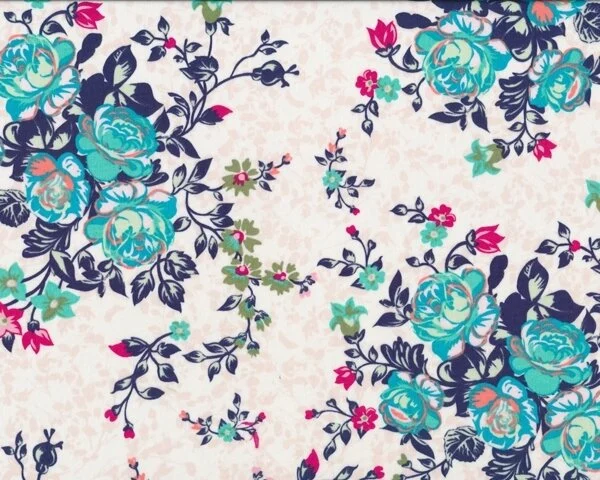 Feiner Popeline-Patchworkstoff "Floressence" mit Rosen-Bouquets, dunkelblau-türkis