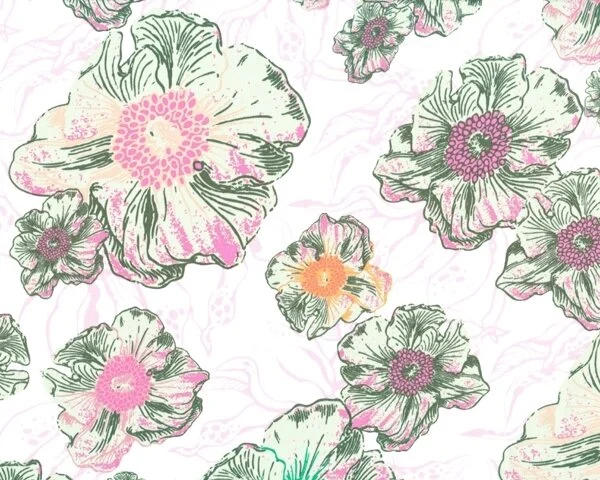Feiner Popeline-Patchworkstoff "Hyperreal Garden" mit großen Anemonen, dunkelgrün-altrosa