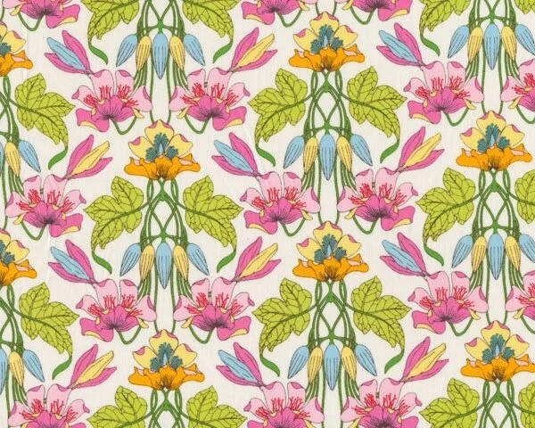 Feiner Popeline-Patchworkstoff "London Calling" mit Wildorchideen, pink-orange-hellgrün