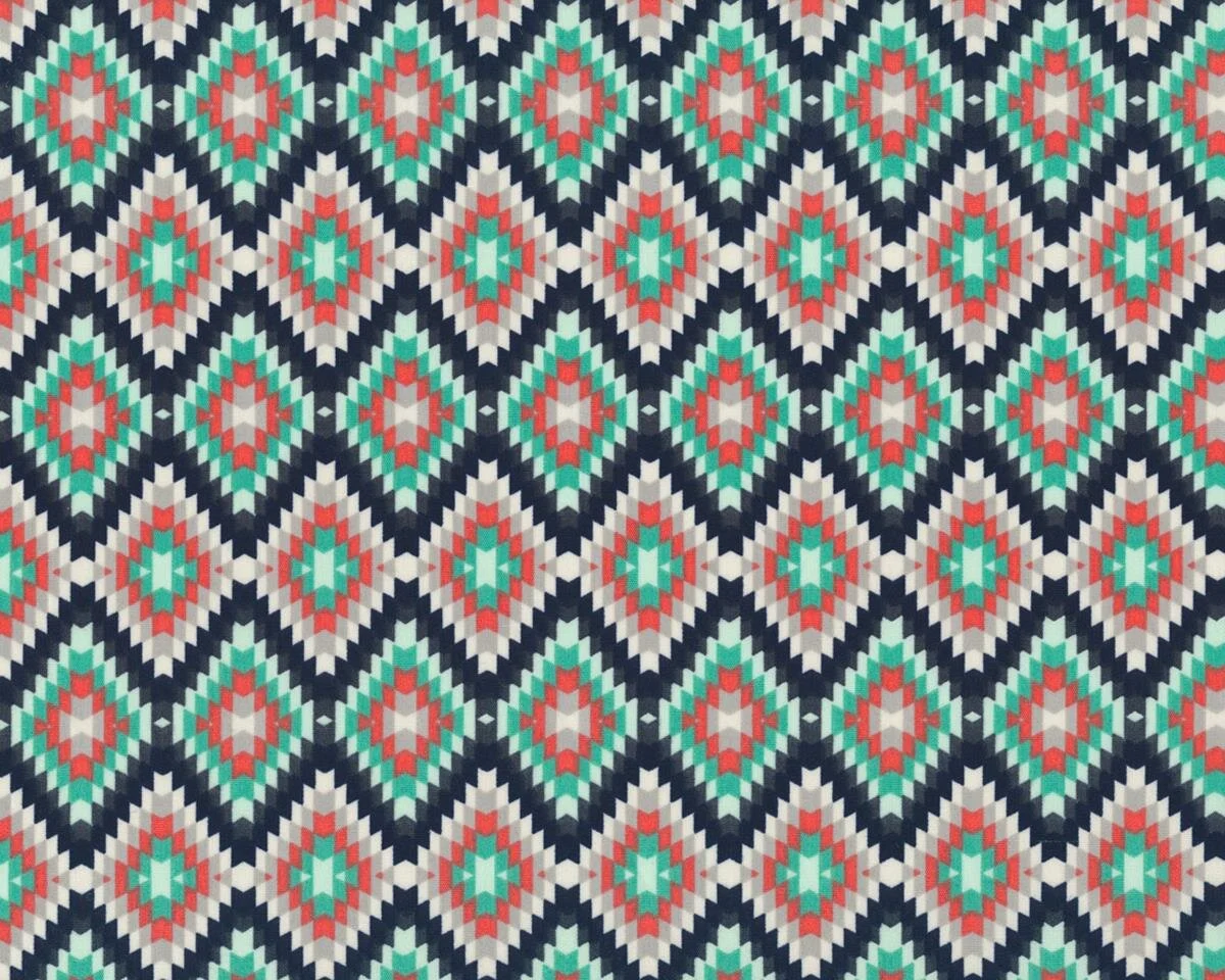 Feiner Popeline-Patchworkstoff RECOLLECTION, Ikat-Rauten, nachtblau-lachsrot
