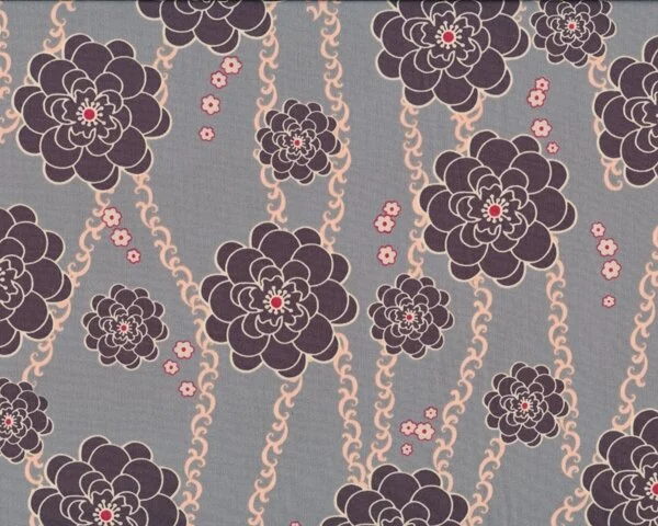 Feiner Popeline-Patchworkstoff "Rock'n Romance" mit Kreisblüten und Kettenranken, dunkelbraun-steingrau