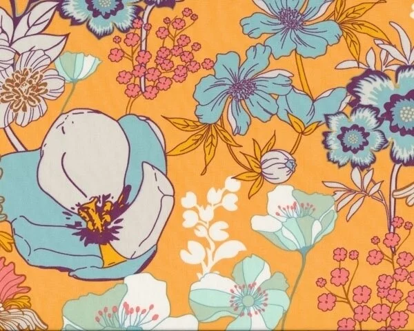 Feiner Popeline-Patchworkstoff "Summerlove" mit Sommer-Wiesenblumen, helles türkis-gedecktes orange