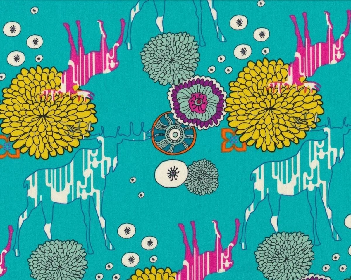 Feiner Popeline-Patchworkstoff UTOPIA, Elche und Blüten, türkis-goldgelb