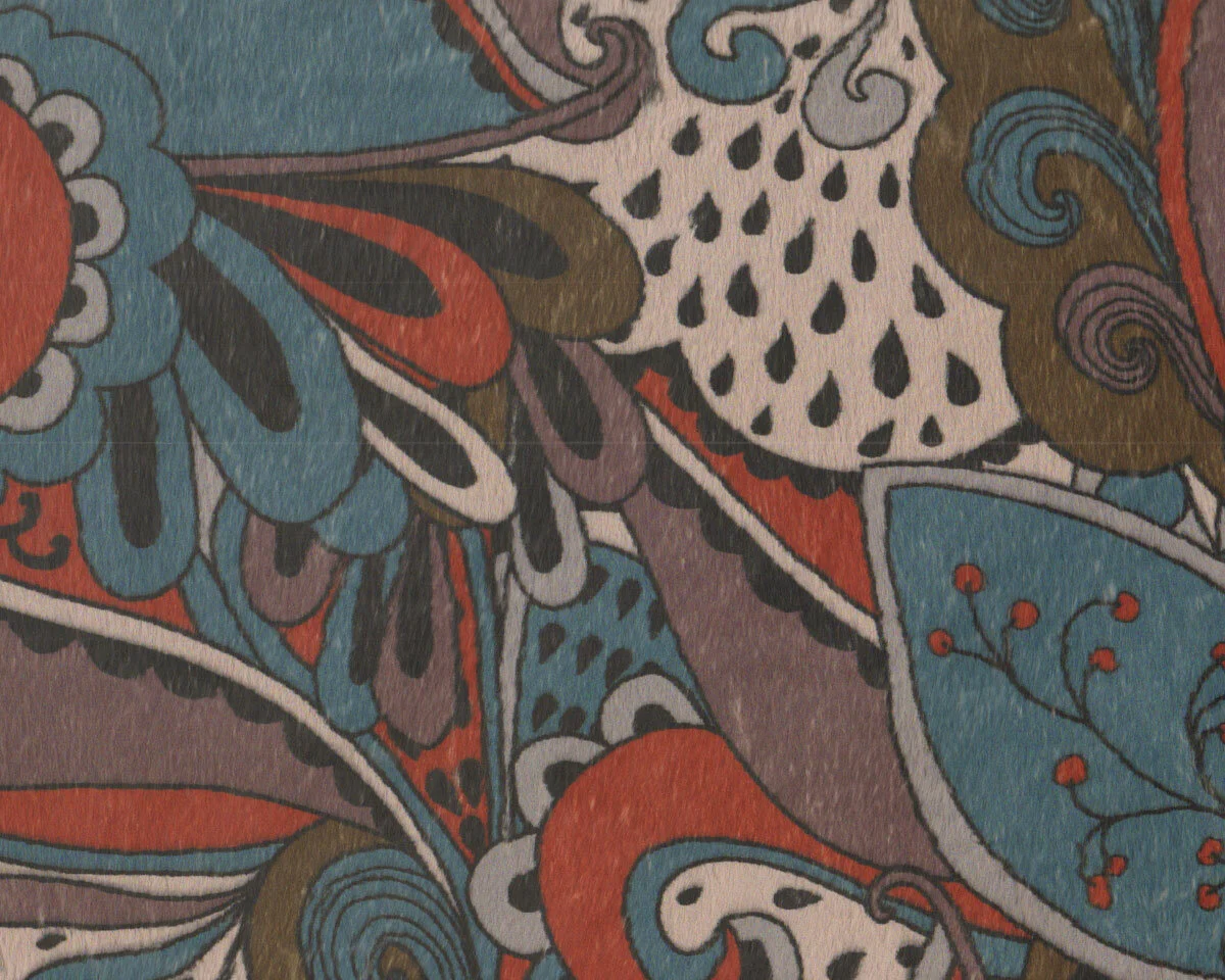 Fellimitat PARI, Blatt-Paisleys, taubenblau-rotbraun