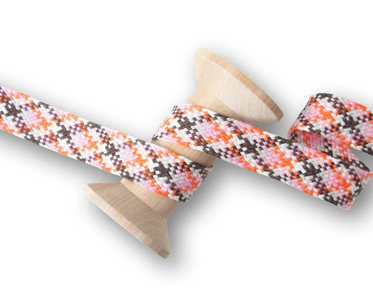 Flachkordel TWIST ME CHECK, Karo, lachsrosa, Albstoffe