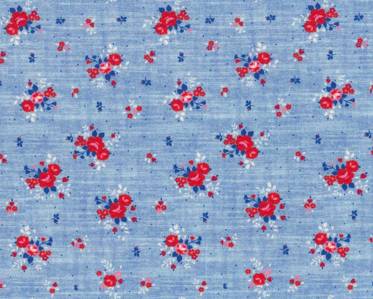 Glatter Baumwollstoff VINTAGE FLOWER, Rosenbouquets, taubenblau-rot