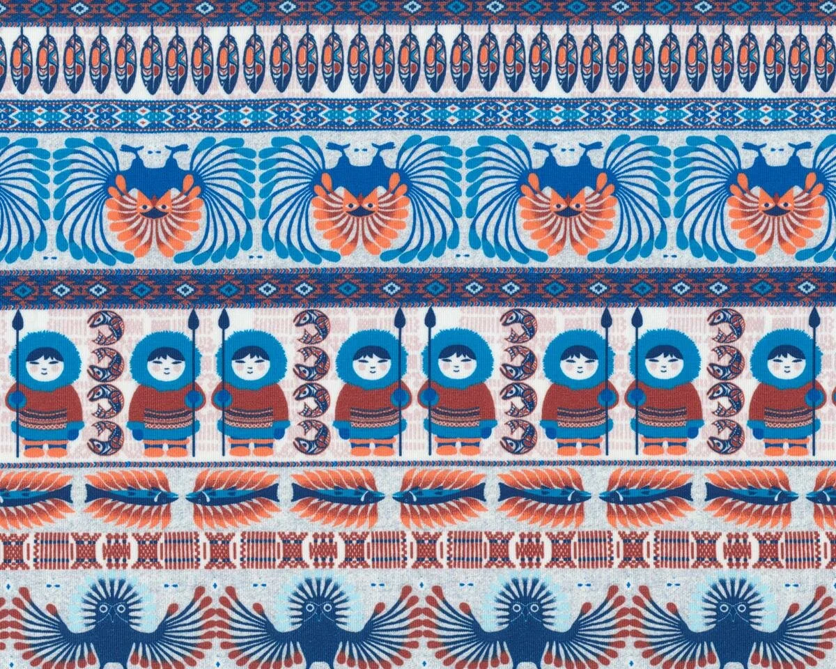 Glatter kühler Baumwolljersey INUIT STRIPE, arktische Musterstreifen, grau meliert-kräftiges türkis