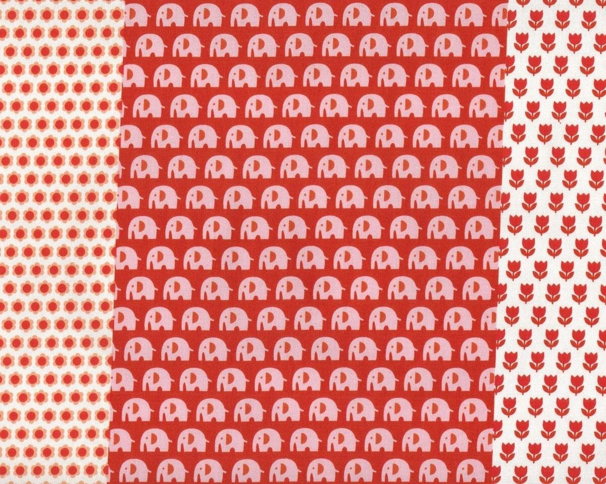 Griffiger Baumwoll-Patchworkstoff TRÈFLE, Bordüren mit Tieren und Blumen, rot-rosa, Kokka