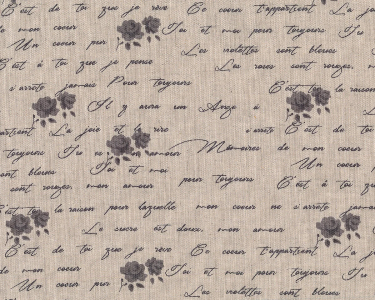 Halbleinen-Dekostoff SHABBY CHIC, Schrift und Rosen, natur-anthrazit