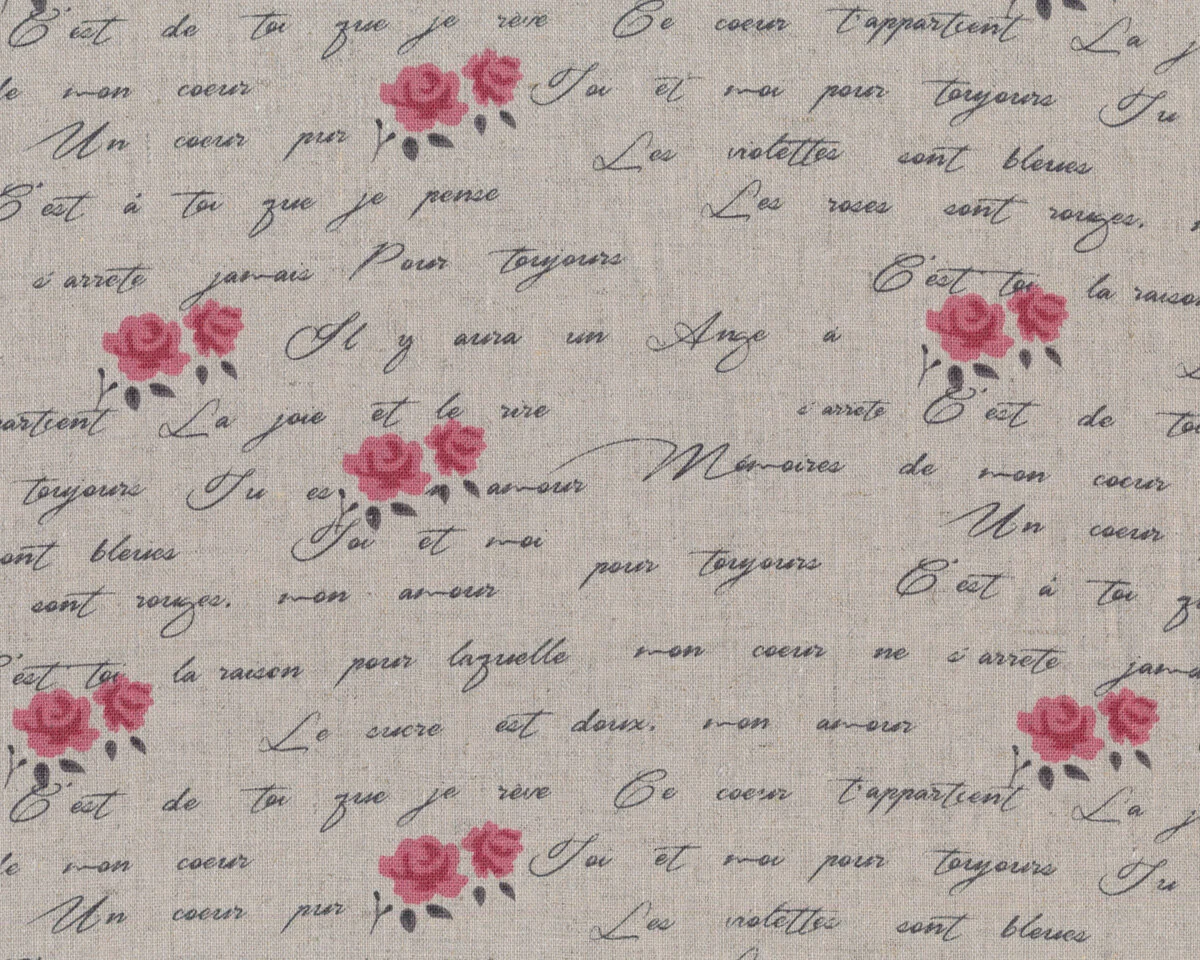 Halbleinen-Dekostoff SHABBY CHIC, Schrift und Rosen, natur-lachsrot