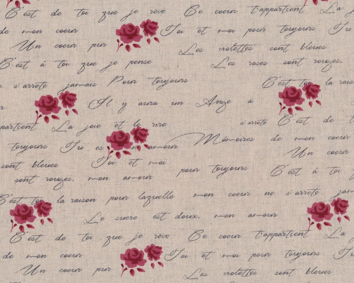 Halbleinen-Dekostoff SHABBY CHIC, Schrift und Rosen, natur-stumpfes rot