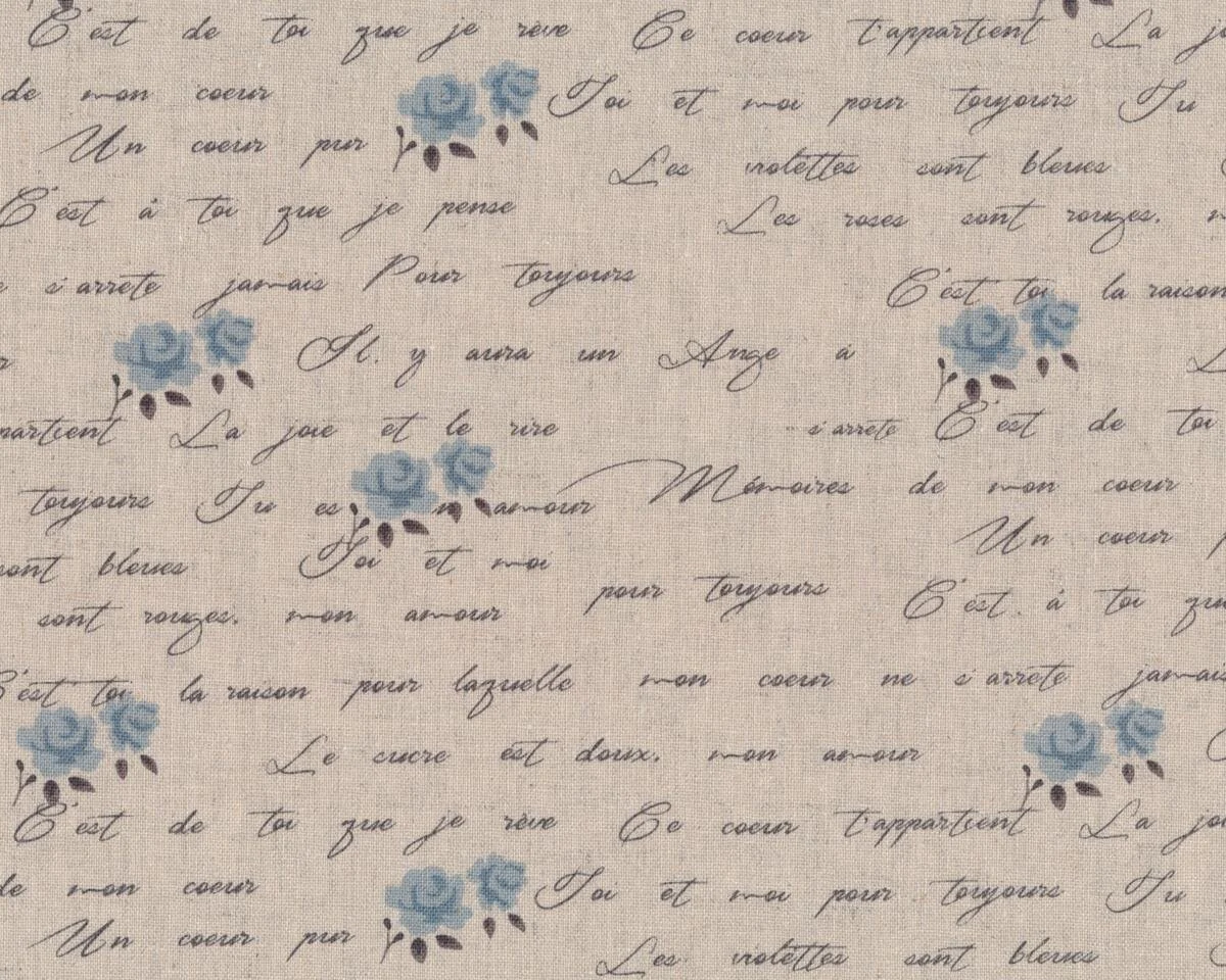 Halbleinen-Dekostoff SHABBY CHIC, Schrift und Rosen, natur-taubenblau