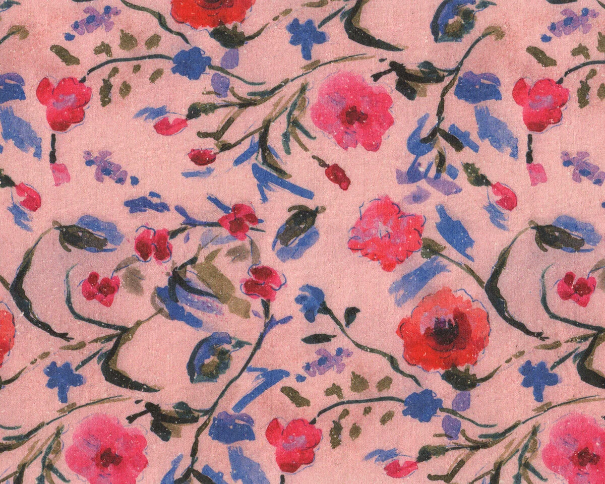 Italienische Bourette-Seide MARIONA, Blumen, rosa-blau