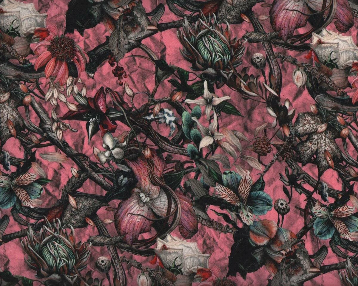 Italienischer Designer Seidenstoff, Crepe de Chine ORCHIDEE, Blüten-Vielfalt, altrosa-türkis-natur