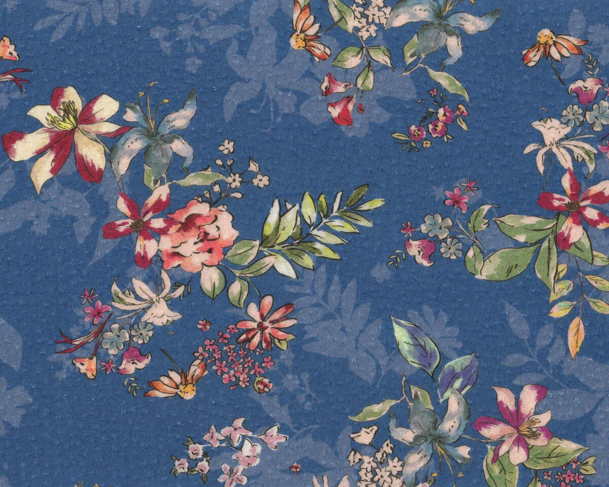 Italienischer Viskosestoff MARILU, Blumenbouquets, blau