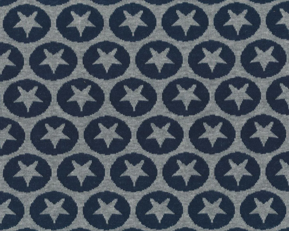 Jacquard-Jersey MISCHA STARDOT, Stern-Medaillons, grau-dunkelblau