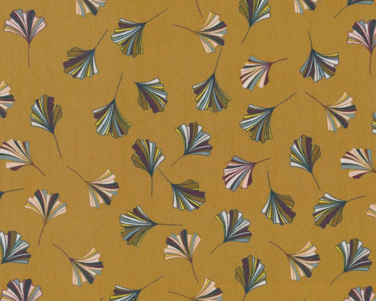 Krepp-Chiffon DONA SENAPA, Fächerblätter, goldbraun