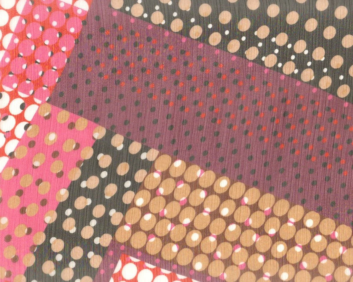 Krepp-Chiffon mit abstrakten Retro-Kreis-Muster, rot-lila-braun