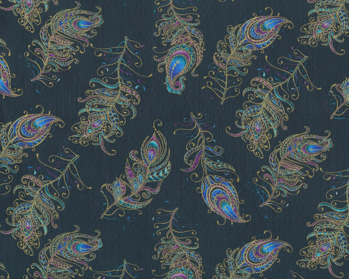 Laminierter Patchworkstoff PEACOCK FLOURISH, Pfauenfedern, schwarz, Ann Lauer