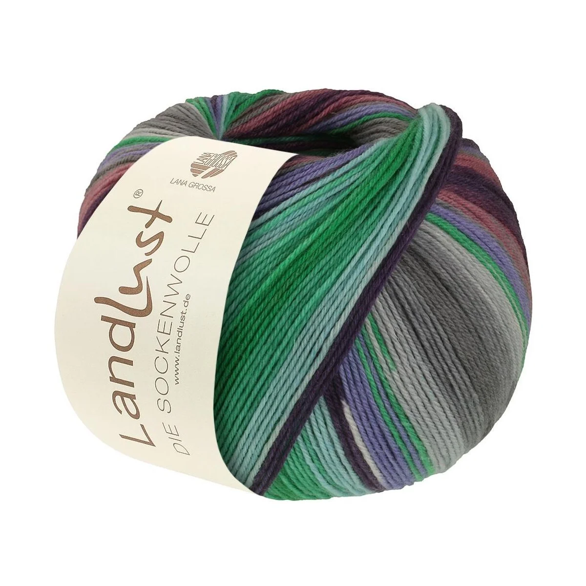 Lana Grossa - Landlust die Sockenwolle 0130 smaragd türkis dunkelviolett blauviolett hellgrau grau altrosa brombeer gestreift