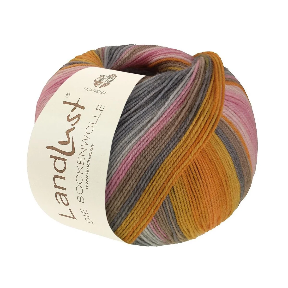 Lana Grossa - Landlust die Sockenwolle 0132 orange dottergelb lachsorange grau graubeige zartrosa rosa nelke hellgrau gestreift