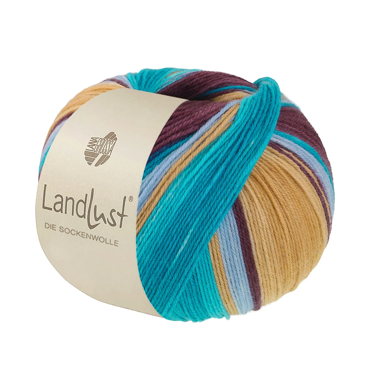 Lana Grossa - Landlust die Sockenwolle 0134 hellblau sandgelb türkis petrol brombeer gestreift