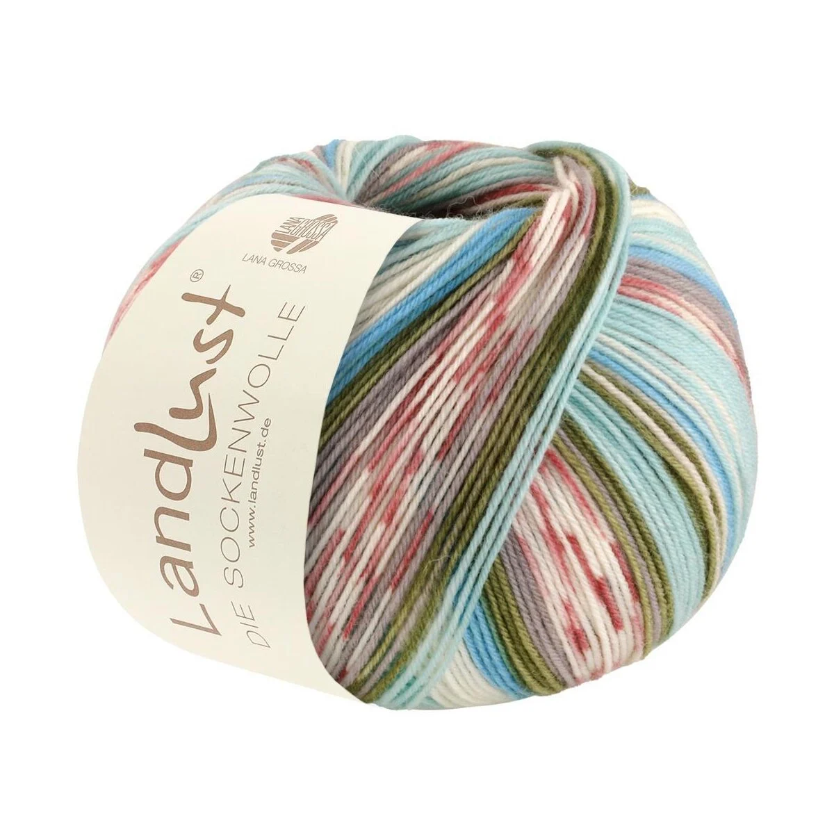 Lana Grossa - Landlust die Sockenwolle 0715 minttürkis ecru türkisblau mausgrau burgund moosgrün gestreift mit Jacquard