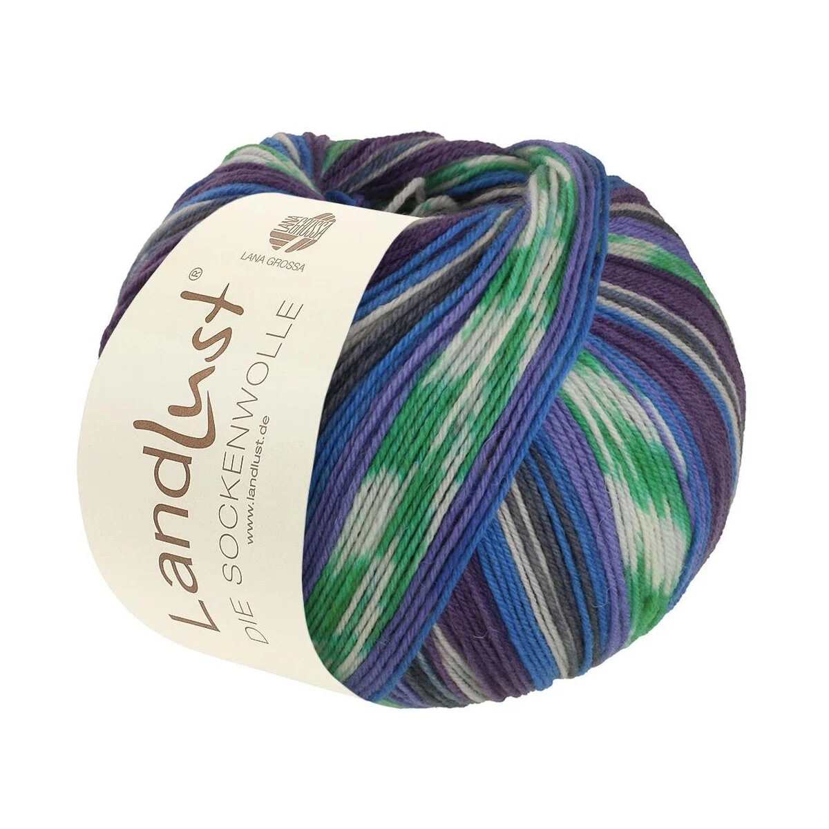 Lana Grossa - Landlust die Sockenwolle 0718 blau dunkelviolett veilchenblau weiß jade dunkelgra jeans gestreift mit jacquard