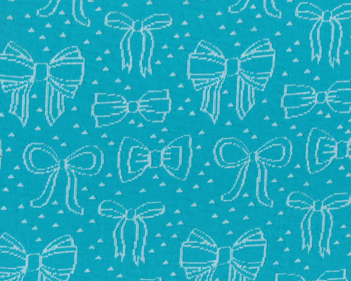 Leichter Bio-Jacquard-Strick BOW PARADE, Schleifen, türkis-weiß