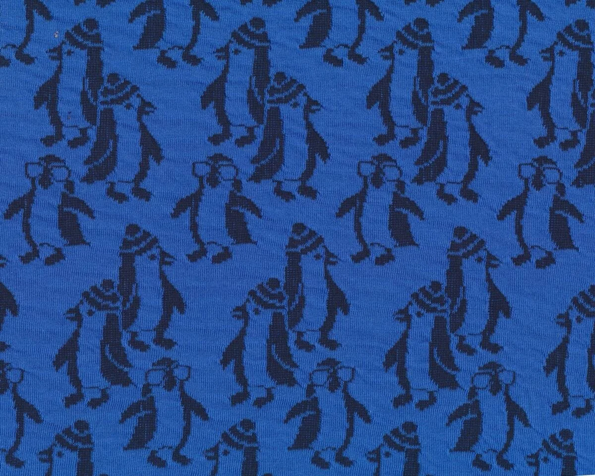 Leichter Bio-Jacquard-Strick PINGU PARADE, Pinguine, blau-nachtblau