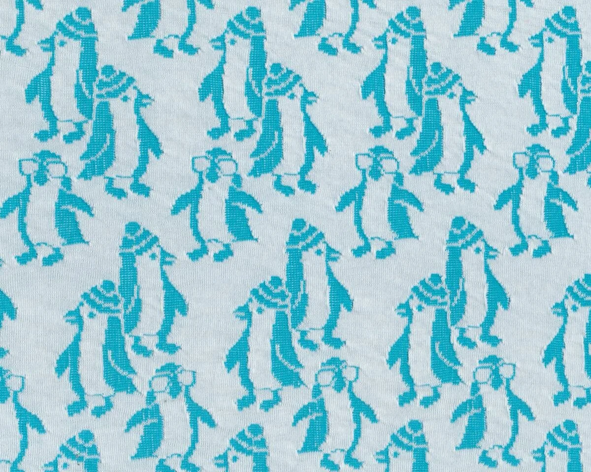 Leichter Bio-Jacquard-Strick PINGU PARADE, Pinguine, weiß-türkis