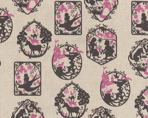 Leinen-Baumwoll-Patchwork "Scherenschnitt", mit Märchenmotive, natur-anthrazit-rosa
