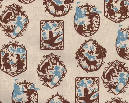 Leinen-Baumwoll-Patchwork "Scherenschnitt", mit Märchenmotive, natur-braun-taubenblau