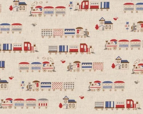 Leinen-Baumwoll-Patchwork "Wagon", kleine Spielzeugzug, natur-rot-blau